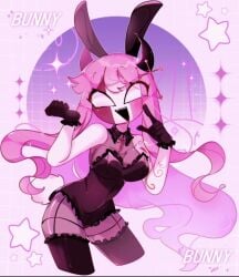 areolae bare_shoulders big_areola big_breasts bunny_ears clothed clothed_female cowboy_shot english_text female female_only fnf_mods friday_night_funkin horn horns mid-fight_masses monochrome pink_hair sarvente_(dokki.doodlez) simple_background smile standing text thighs white_eyes