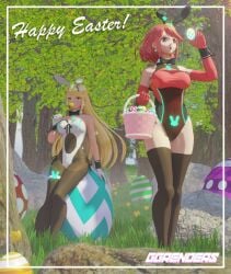 2girls 3d basket blonde_hair bowtie breasts bunny_ears core_crystal detached_collar earrings egg egg_basket elbow_gloves fake_animal_ears flower ggrenders gloves holding_egg holding_flower large_breasts leotard long_hair mythra nintendo pantyhose playboy_bunny pyra red_eyes red_hair red_leotard short_hair sitting_on_egg thighhighs tiara white_leotard wrist_cuffs xenoblade_(series) xenoblade_chronicles_2 yellow_eyes