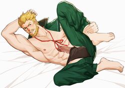 1boy abs absurdres armpit_hair armpits bara bare_pecs beard black_underwear blonde_hair blush bulge chest_hair collared_shirt cyrus_(genshin_impact) erection facial_hair full_body genshin_impact green_eyes green_pants highres large_pectorals lying male_focus male_only male_solo mature_male muscular muscular_male nipples on_back on_bed pants precum red_neckwear round_eyewear shirt short_hair solo stomach uncensored zhuganchangjiadan