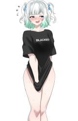 absurdres alternate_costume bare_legs blacked blush bottomless embarrassed female female_only gradient_hair highres indie_virtual_youtuber mint_fantome naked_shirt pale-skinned_female pale_skin redi_(rasec_asdjh) shirt simple_background solo solo_female t-shirt white_background