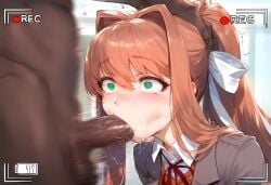 1boy 1girls ai_generated big_breasts blush breasts brown_hair dark-skinned_male doki_doki_literature_club fellatio female female_focus green_eyes heart-shaped_pupils huge_breasts interracial large_breasts long_hair monika_(doki_doki_literature_club) ponytail recording school_uniform schoolgirl