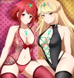 2girls black_lingerie black_panties blonde_hair breasts core_crystal cross_section iharuluna_(artist) large_breasts lingerie long_hair looking_at_viewer midriff mythra navel negligee nintendo nipples panties pyra red_eyes red_hair red_lingerie red_negligee red_panties see-through see-through_clothing short_hair teddy_(clothing) thighhighs tiara xenoblade_(series) xenoblade_chronicles_2 yellow_eyes