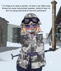 1boy 1girls 3d_background background bayonet big_breasts blue_eyes clothed clothed_female dirty_talk fully_clothed german_female german_text googles gun mask roblox roblox_background roblox_game scorched_earth snow tagme text wet winter winter_clothes yellow_hair zaminka97