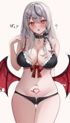 1girls 7nopi ? @_@ absurdres animal_collar ass_visible_through_thighs bat_wings belt_collar big_breasts black_bra black_collar black_hair black_panties blush bow bow_bra bra braid braided_bangs breasts center-flap_bangs cleavage collar collared_shirt confused confusion curvy double-parted_bangs female female_only frilled_bra frills front-tie_bra groin_tendon hair_ornament hairclip hands_on_own_chest highres hololive hololive_japan holox hypnosis large_breasts lingerie long_hair looking_at_viewer low_wings lowleg lowleg_panties mind_control multicolored_hair nail_polish nervous_sweating oerba_yun_fang official_alternate_hairstyle panties pubic_tattoo red_eyes red_nails sakamata_chloe shirt side_braid simple_background skin_fang small_breasts solo straight_hair streaked_hair succubus sweat sweatdrop tattoo translation_request triangle_mouth underwear underwear_only virtual_youtuber white_background wide_hips winged_heart_tattoo wings x_hair_ornament zipper_panties