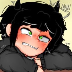 black_hair blush catboy clenching_teeth cute_expression cute_male demon_boy demon_eyes demon_horns desperate_for_sex drool eyes_rolling_back femboy femboysub green_eyes holding_back horny_male needy no_nut_november oc original_character slit_pupils struggle submissive_male sweating tremble_lines veekittynya white_pupils