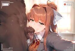 1boy 1girls ai_generated big_breasts blush breasts brown_hair dark-skinned_male doki_doki_literature_club fellatio female female_focus green_eyes huge_breasts large_breasts long_hair monika_(doki_doki_literature_club) ponytail recording school_uniform schoolgirl