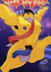 abs animal_crossing balls black_armpit_hair black_hair black_pubic_hair boots breasts coach_(animal_crossing) happy happy_new_year horns leggings muscles muscular naked pecs penis socks the_purple_wolf_guy year_of_the_bull yellow_skin