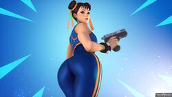 1girls 3d big_ass capcom chun-li gun hair_bun hair_ribbon holding_weapon looking_at_viewer looking_back muscular pinup smiling_at_viewer street_fighter trigger_discipline valnoressa video_games wide_hips yoga_pants