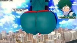 3d ass_bigger_than_head ass_bigger_than_torso big_ass big_breasts bubble_butt city crowd crowd_watching deku extreme_size_difference giant_male giantess huge_ass izuku_midoriya koikatsu larger_male looming looming_over male_is_bigger midoriya_izuku mount_lady my_hero_academia showing_ass showing_off size_difference text text_box unaware yuu_takeyama