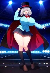 ai_generated big_breasts blue_cardigan blue_eyes bowtie cape cute female schoolgirl silver_hair skin_fang tejina_senpai tejina_senpai_(character) tejina_senpai_(series) top_hat top_heavy top_heavy_breasts