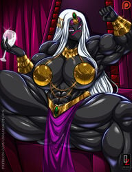 abs biceps big_muscles black_skin breasts busty cleavage duck_dodgers extreme_muscles female flexing glass huge_breasts jewelry large_breasts long_hair looking_at_viewer muscles muscular muscular_female muscular_thighs osmar-shotgun purple_eyes queen_tyr'ahnee solo thick_thighs warner_brothers white_hair