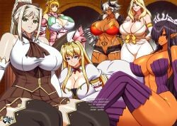 6girls anrietta_(buta_no_gotoki) black_hair blonde_hair buta_no_gotoki_sanzoku_ni_torawarete_shojo_o_ubawareru_kyonyuu_himekishi_&_onna_senshi:_zettai_chinpo_nanka_ni_maketari_shinai!!_the_animation butahimesama:_queen_meets_orc cleavage cleavage_cutout crossover dark-skinned_female dark_elf elf elf_ears elf_female harem helga_(buta_no_gotoki) henrietta_(buta_no_gotoki) himekishi_lilia huge_breasts inda_no_himekishi_jeanne irena_(butahimesama) jadenkaiba jeanne_grenoble kuroinu_~kedakaki_seijo_wa_hakudaku_ni_somaru~ leila_eberwein lilia_eberwein long_hair looking_at_viewer multiple_girls olga_discordia platinum_blonde_hair pointy_ears revealing_clothes scar silver_hair