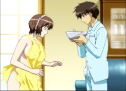 1boy 1girls ass big_breasts bowl breasts brown_hair brown_hair_female brown_hair_male clothed/nude clothed_male clothed_male_nude_female completely_naked completely_naked_female completely_nude completely_nude_female fushimi_kenta huge_breasts large_breasts maid_headdress naked naked_apron naked_female nipples_visible_through_clothing nonomiya_momoko nude nude_female pajamas screencap shimai_tsuma_3 shimaizuma_3 short_hair whisk yellow_apron