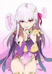 armlet armor ass_visible_through_thighs belly_button_visible_through_clothing big_breasts bikini_armor blush bracelet breasts circlet collar collarbone detached_sleeves dress earrings fate/grand_order fate_(series) floral_print groin hair_ribbon halterneck jewelry kama_(fate/grand_order) long_hair metal_collar nail_polish parted_lips pelvic_curtain pink_nails purple_dress red_eyes redrop ribbon ring shiny_skin sideboob sitting smile thighlet thighs white_hair