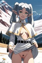 ai_assisted ai_generated belt exposed_pussy frieren frieren_beyond_journey's_end green_eyes grey_hair mountain pubic_hair rousherte skirt_lift snow sousou_no_frieren visible_nipples