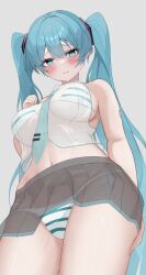 1girls 2d 2d_(artwork) blue_eyes blue_hair blush blush blushing_at_viewer breasts hatsune_miku kawasuru large_breasts light-skinned_female light_skin long_hair looking_at_viewer see-through see-through_clothing solo solo_female striped_bra striped_panties thick_thighs thighs twintails underboob underwear viewed_from_below vocaloid