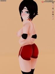 1girls 3d ass darkbahamuth female female_only pinup ruby_rose rwby shorts solo topless