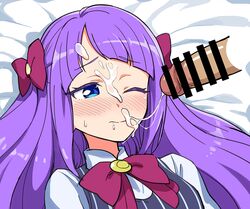 bangs bar_censor blue_eyes blush blushing bow censored closed_mouth clothing cum cum_on_hair cum_on_purple_hair disembodied_penis eyebrows_visible_through_hair facial female kaguya_madoka long_hair long_purple_hair one_eye_closed penis precure pretty_cure purple_bow purple_hair ribbon school_uniform sidelocks solo_focus star_twinkle_precure straight upper_body wince yoban