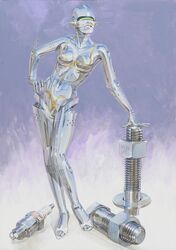 breasts female genitals glistening glistening_body hajime_sorayama hi_res humanoid machine metallic_body nude pinup pose pussy robot screws sexy_robot_(hajime_sorayama) silver_body smile solo standing technophilia