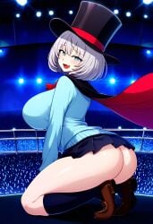 ai_generated big_breasts blue_cardigan blue_eyes bowtie cape cute female schoolgirl silver_hair skin_fang tejina_senpai tejina_senpai_(character) tejina_senpai_(series) top_hat top_heavy top_heavy_breasts