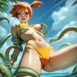 ai_generated beach bikini cameltoe crop_top green_eyes hard_nipples kasumi_(pokemon) midriff navel nervous one_breast_out side_ponytail suspenders tentacle tentacle_grab