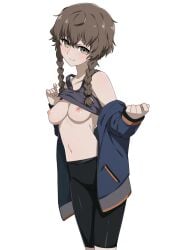 1girls amane_suzuha bare_breasts bare_shoulders belly bike_shorts black_shorts blush braided_hair breasts_out brown_hair female female_focus flashing_breasts fluffy_hair green_eyes jacket_off_shoulders jacket_open lifting_clothing light-skinned_female looking_at_viewer medium_breasts midriff morisobo navel open_clothes open_jacket shirt_lift smile solo sports_bra sports_bra_lift standing steins;gate suckable_nipples tank_top tomboy track_jacket twin_braids undressing