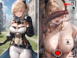 1boy 1girls ai_generated before_and_after dark_skin dark_skinned_male genshin_impact instant_loss instant_loss_2koma jean_gunnhildr kiss-shot penis_on_face penis_over_eyes queen_of_spades recording uncensored