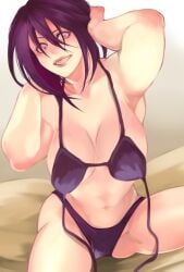 armpits arms_up big_breasts bikini black_bikini black_hair cleavage crazy_eyes female female_only grin kengan_(series) kengan_ashura medium_hair sharp_teeth sitting_on_person smile solo swimsuit togo_tomari untied_bikini wbcat01