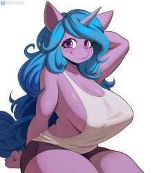 anthro blue_hair blue_tail breasts cooliehigh hair hasbro horn izzy_moonbow_(mlp) long_hair mlp_g5 my_little_pony netflix purple_body purple_skin smile tail unicorn unicorn_horn