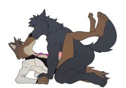 anthro canid canine canis clothed clothing dreamworks duo eye_contact genitals hi_res kissing kneeling legs_up looking_at_another male male/male mammal mr._wolf_(the_bad_guys) partially_clothed penis seyrmo side_view the_bad_guys wolf