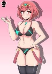 1girls a_fan_of_haruhi bikini black_bikini black_swimsuit breasts core_crystal hand_on_hip large_breasts looking_at_viewer midriff navel nintendo pyra red_eyes red_hair short_hair swimsuit thighhighs tiara xenoblade_(series) xenoblade_chronicles_2