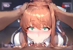 1boy 1girls ai_generated big_breasts blush breasts brown_hair cum cum_in_mouth dark-skinned_male doki_doki_literature_club fellatio female female_focus green_eyes heart-shaped_pupils huge_breasts large_breasts long_hair monika_(doki_doki_literature_club) ponytail recording school_uniform schoolgirl