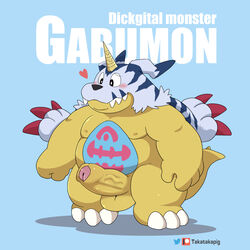 1boy 2021 anthro balls blue_background blush digimon digimon_(species) english_text erection gabumon genitals heart horn humanoid_genitalia humanoid_hands humanoid_penis kemono male male_only moobs nipples overweight overweight_anthro overweight_male penis simple_background solo takataka text