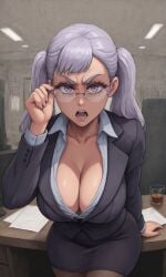 ai_generated angry big_breasts black_clover breasts cleavage curvy geasseros glasses hi_res hourglass_figure large_breasts looking_at_viewer no_bra noelle_silva office_lady pantyhose purple_eyes silver_hair skirt stockings suit twintails voluptuous