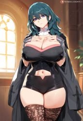 1girls ai_generated big_breasts breasts byleth_(fire_emblem) byleth_(fire_emblem)_(female) female female_focus fire_emblem fire_emblem:_three_houses green_eyes green_hair huge_breasts large_breasts light-skinned_female looking_at_viewer mature_female thick_thighs thighs