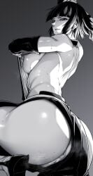 1girls anus arm_behind_head ass ass_focus back back_view backless_outfit big_ass big_breasts bleach breasts dat_ass female greyscale hakama highres hip_vent huge_ass japanese_clothes large_breasts looking_at_viewer looking_back monochrome nipple_slip nipples no_bra no_panties pussy pussy_juice pussy_peek short_hair sideboob soifon solo uncensored yugo_(yugotme97)