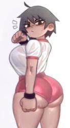 1girls ass big_butt black_hair bloomers bra bra_visible_through_clothes breasts cowlick dat_ass eyelashes female gym_uniform hi_res huge_ass huge_breasts kelvin_hiu looking_at_viewer mole notice_lines original original_character short_hair shorts sportswear sweat sweating thick_thighs tomboy wet_clothes wristband