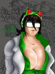 1girls alternate_color alternate_version alu-chan alucard_belmont bbw big_breasts cat_ears cat_ears_headphones cleavage cosplay dark_hair female female_only freckles freckles_on_breasts freckles_on_face glasses green_shirt headphones headset human large_breasts no_bra open_clothes open_shirt plump plump_breasts pout pouting shiny_skin shirt short_hair sole_female suit white_suit yakuza_(series)