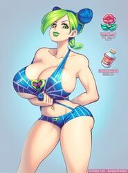 1girls bimbo_flower booboom_milk breasts cleavage erect_nipples_under_clothes female female_only huge_breasts jojo's_bizarre_adventure jolyne_kujo looking_at_viewer partial_armpit short_shorts shounen_jump sideboob simple_background stone_ocean supersatanson thick_thighs toned toned_female wide_hips