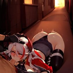 1boy 1girls ai_generated ass azur_lane blush fellatio female female_focus huge_ass light-skinned_female long_hair prinz_eugen_(azur_lane) prinz_eugen_(final_lap)_(azur_lane) white_hair yellow_eyes