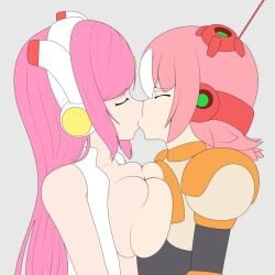 bisexual breast_press breasts_out closed_eyes kirby_(series) kissing lesbian_kiss making_out mega_man nana_(mega_man) pink_hair short_hair susanna_patrya_haltmann susie_(kirby) yuri