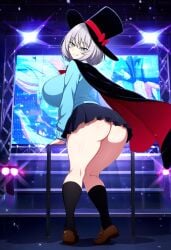 ai_generated big_breasts blue_cardigan blue_eyes bowtie cape cute female schoolgirl silver_hair skin_fang tejina_senpai tejina_senpai_(character) tejina_senpai_(series) top_hat top_heavy top_heavy_breasts