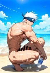 abs ai_generated artist_request balls beach hatake_kakashi huge_cock muscular_male naruto nature outdoors penis solo solo_male squatting tagme unmasked veiny_penis wet white_hair yaoi