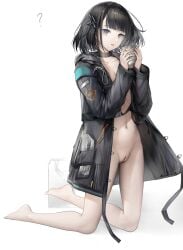 absurdres arknights arknights:_endfield black_choker black_coat black_eyes black_hair choker coat cup doctor_(arknights) drink endministrator_(arknights) female female_endministrator_(arknights) highres holding holding_cup holding_drink kneeling long_sleeves medium_hair naked_coat nopetroto perlica_(arknights) pussy pussy_juice solo tongue tongue_out