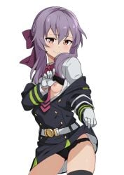 black_bra black_panties bra bra_lift brown_eyes female_focus female_only flashing flashing_breasts flashing_panties gloves hairbow hiiragi_shinoa long_hair looking_at_viewer medium_breasts morisobo one_breast_out owari_no_seraph presenting purple_hair simple_background skirt skirt_lift skirt_lifted_by_self smile thigh_gap thighhighs tie_between_breasts underwear white_background