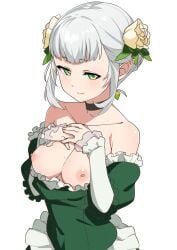 big_breasts black_choker breasts breasts_out choker cleavage clothes_pull dress dress_pull elf female female_focus female_only flower flower_in_hair green_dress green_eyes grey_hair highres isekai_shokudou large_breasts lips looking_at_viewer morisobo nipples pointy_chin pointy_ears rose rose_in_hair simple_background solo victoria_samanark white_background