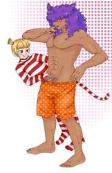 2boys blonde_hair blush button cringe fondling human kedamono_(popee_the_performer) male_only penis popee_(popee_the_performer) popee_the_performer purple_hair smirk wtf yaoi