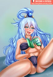 ahe_gao aqua_(konosuba) big_breasts blue_eyes blue_hair breasts commentary_request commission female female_only kono_subarashii_sekai_ni_shukufuku_wo! ladyendsm light_skin long_hair masturbation open_mouth patreon smile solo swimsuit tagme tongue tongue_out underwear