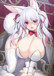 1girls all_fours animal_ears bow breasts cleavage female female_only fox_ears fox_girl fox_tail huge_breasts humanoid long_hair looking_at_viewer minamon_(vittel221) original pale_skin red_eyes revealing_clothes skindentation solo tail thick_thighs thighhighs white_hair