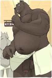 2021 2boys anthro balls belly brown_body brown_fur canid canine duo flaccid fur genitals grey_body grey_fur hi_res humanoid_genitalia humanoid_hands humanoid_penis kemono male male_only mammal moobs musclegut nico26b nipples overweight overweight_male penis towel ursid